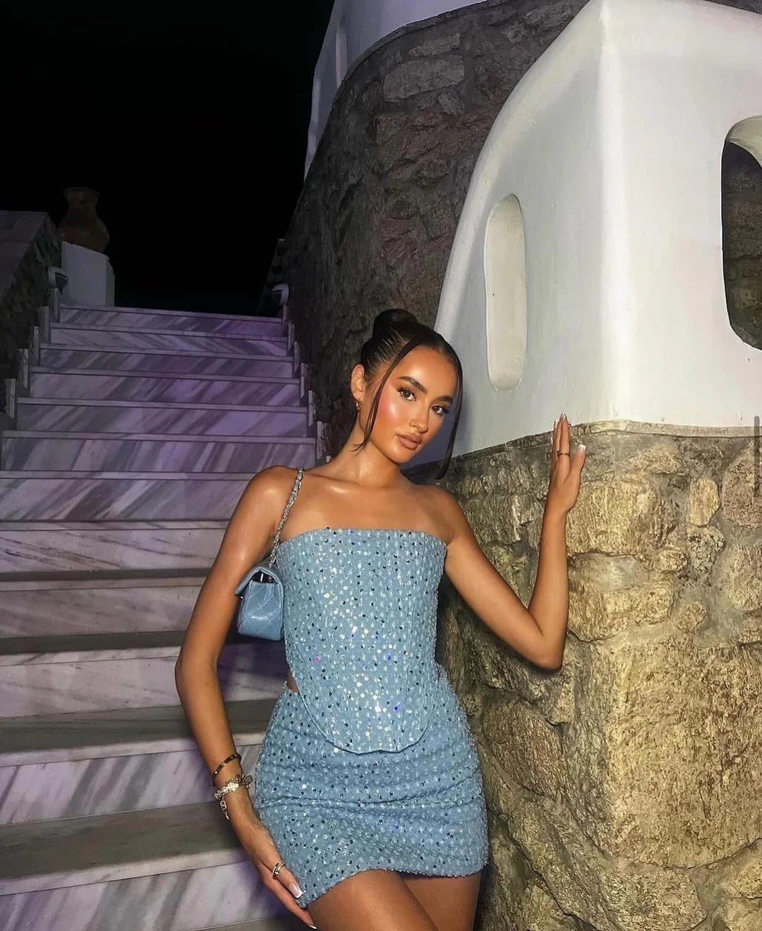 Women's Sequinned Strapless Bandeau and Mini Skirt Co-ord in Blue Denim | Koossa