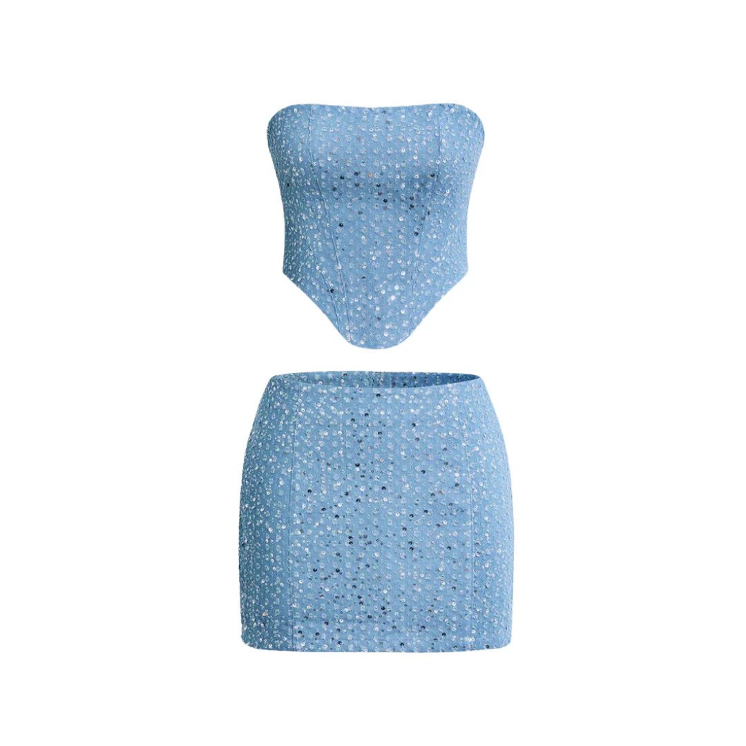 Women's Sequinned Strapless Bandeau and Mini Skirt Co-ord in Blue Denim | Koossa