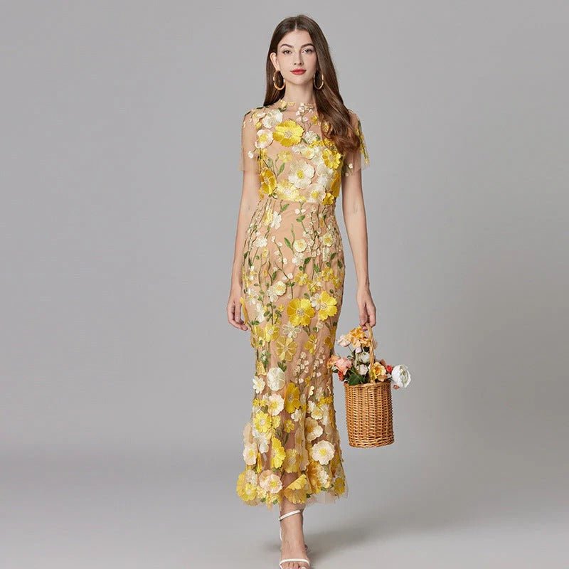 Women's Sleeveless Dimensional Floral Appliqué Evening Gown in Sheer Mesh with Nude Lining – Romantic Column Maxi for Garden Weddings, Summer Galas, Special Celebrations & Formal Events | Koossa