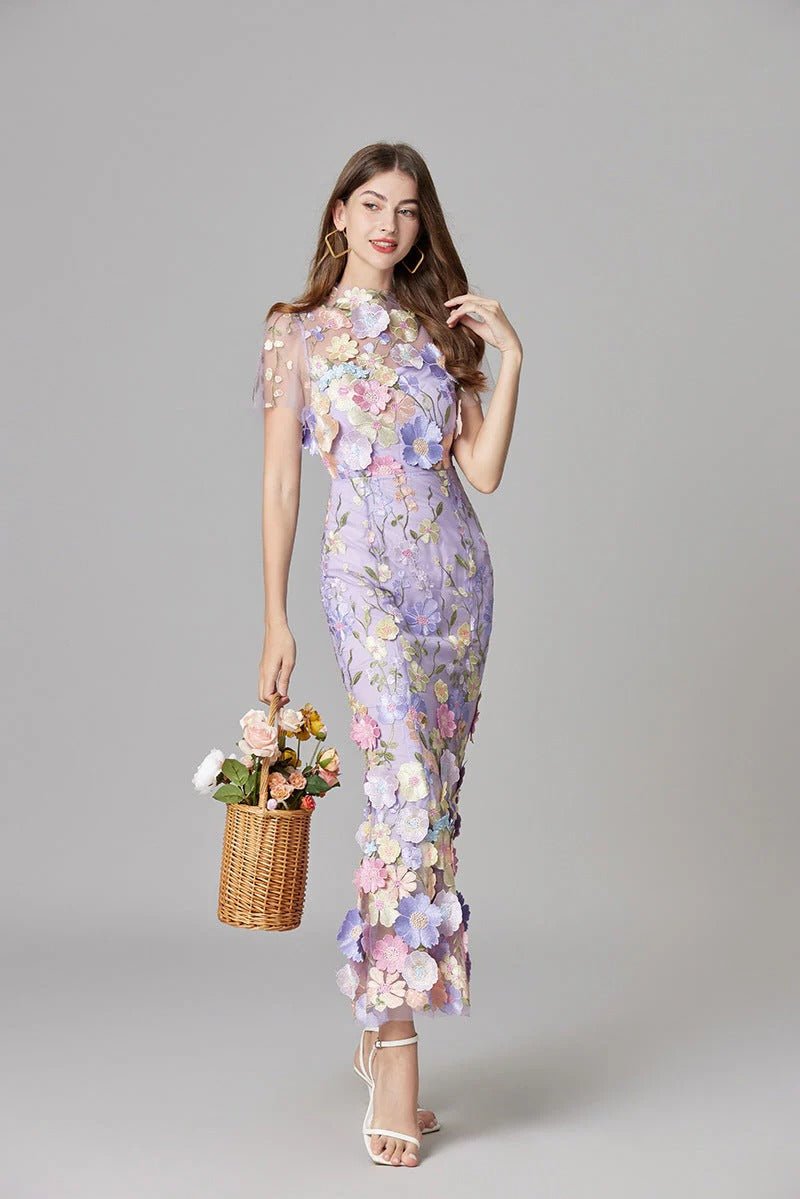 Women's Sleeveless Dimensional Floral Appliqué Evening Gown in Sheer Mesh with Nude Lining – Romantic Column Maxi for Garden Weddings, Summer Galas, Special Celebrations & Formal Events | Koossa