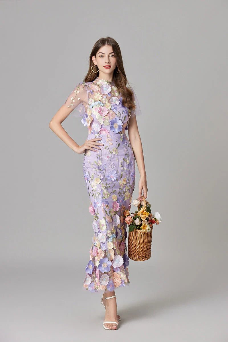 Women's Sleeveless Dimensional Floral Appliqué Evening Gown in Sheer Mesh with Nude Lining – Romantic Column Maxi for Garden Weddings, Summer Galas, Special Celebrations & Formal Events | Koossa
