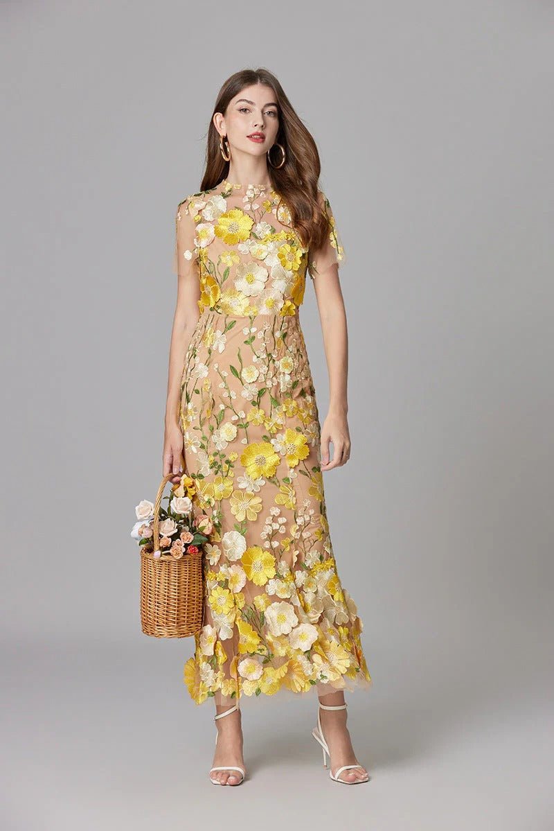 Women's Sleeveless Dimensional Floral Appliqué Evening Gown in Sheer Mesh with Nude Lining – Romantic Column Maxi for Garden Weddings, Summer Galas, Special Celebrations & Formal Events | Koossa