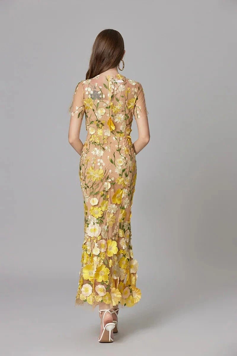 Women's Sleeveless Dimensional Floral Appliqué Evening Gown in Sheer Mesh with Nude Lining – Romantic Column Maxi for Garden Weddings, Summer Galas, Special Celebrations & Formal Events | Koossa