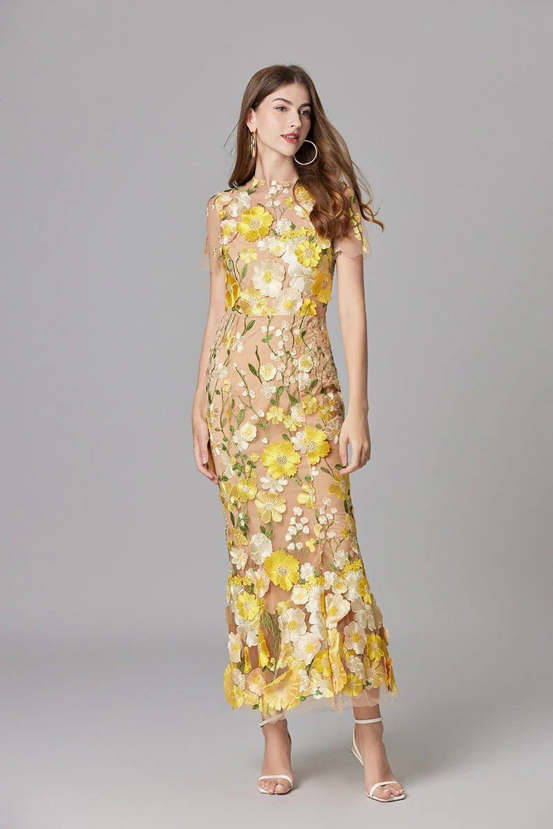 Women's Sleeveless Dimensional Floral Appliqué Evening Gown in Sheer Mesh with Nude Lining – Romantic Column Maxi for Garden Weddings, Summer Galas, Special Celebrations & Formal Events | Koossa