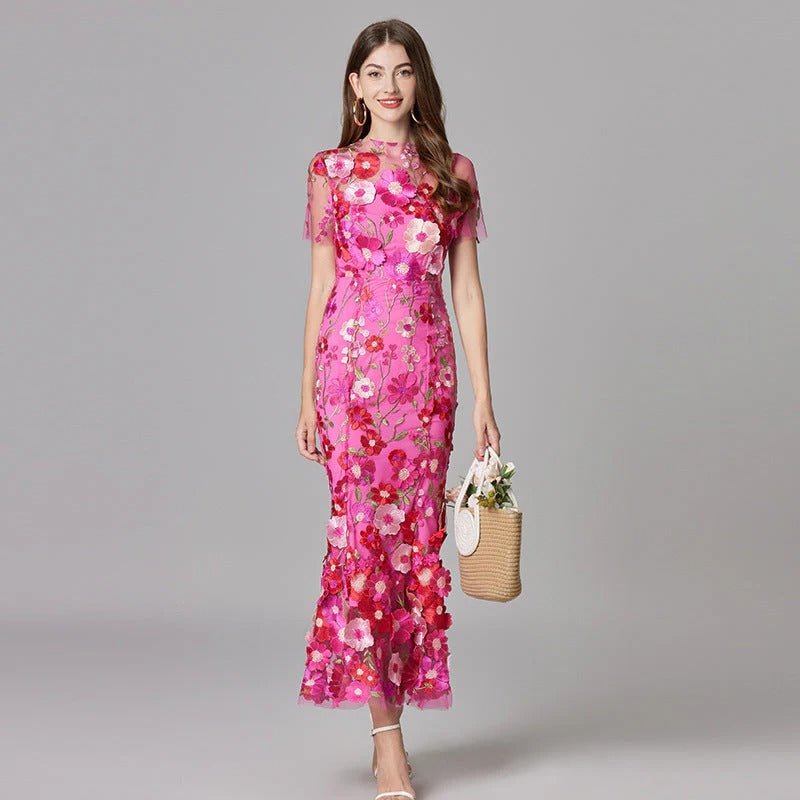 Women's Sleeveless Dimensional Floral Appliqué Evening Gown in Sheer Mesh with Nude Lining – Romantic Column Maxi for Garden Weddings, Summer Galas, Special Celebrations & Formal Events | Koossa