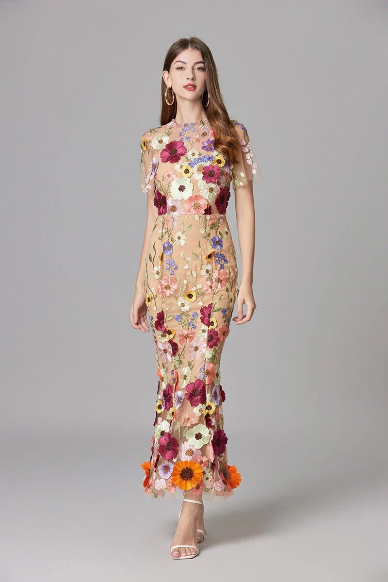 Women's Sleeveless Dimensional Floral Appliqué Evening Gown in Sheer Mesh with Nude Lining – Romantic Column Maxi for Garden Weddings, Summer Galas, Special Celebrations & Formal Events | Koossa
