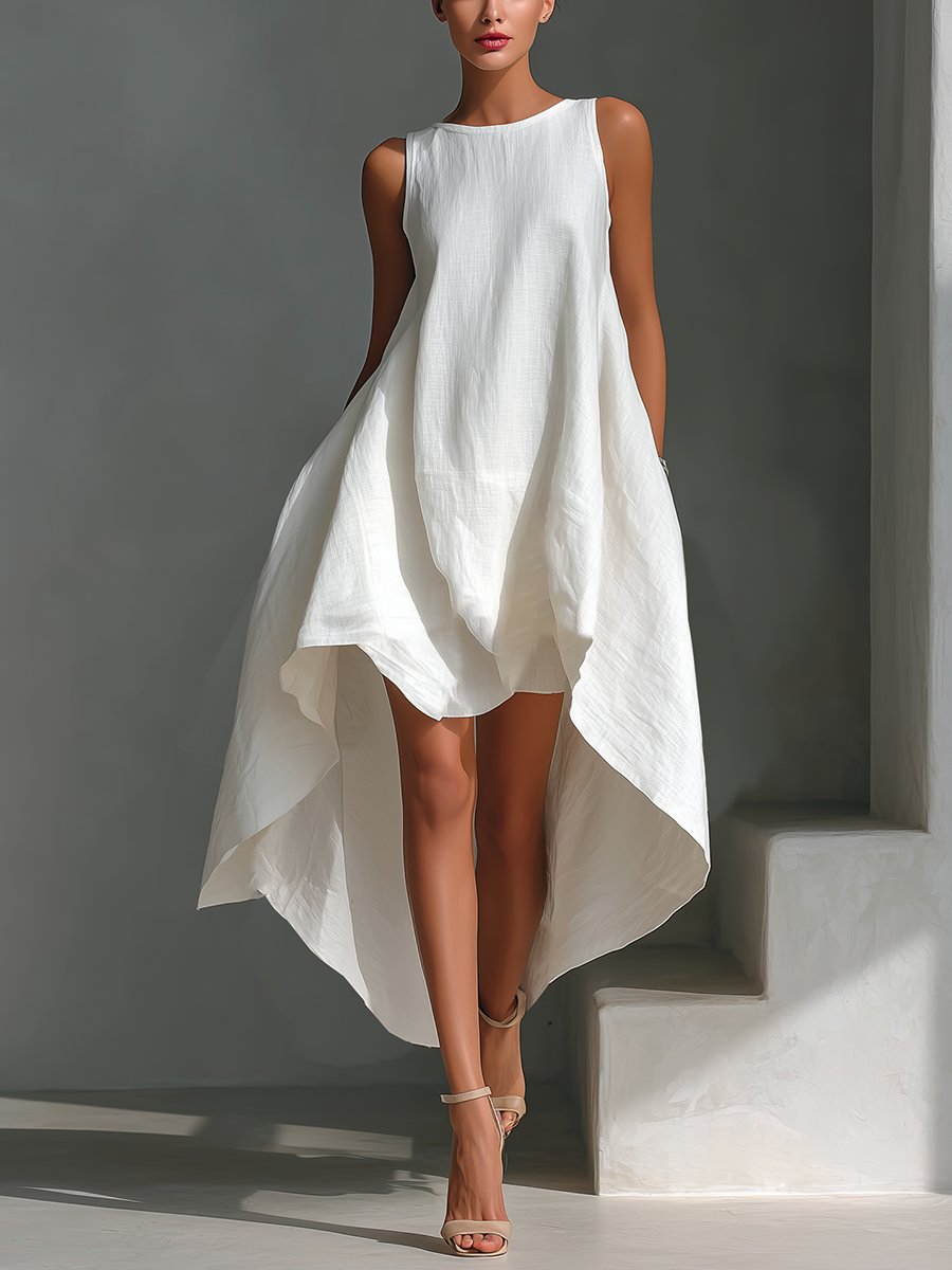 Women's Sleeveless Linen Midi Dress with Pointed Hem Panels for Summer Occasions | Koossa