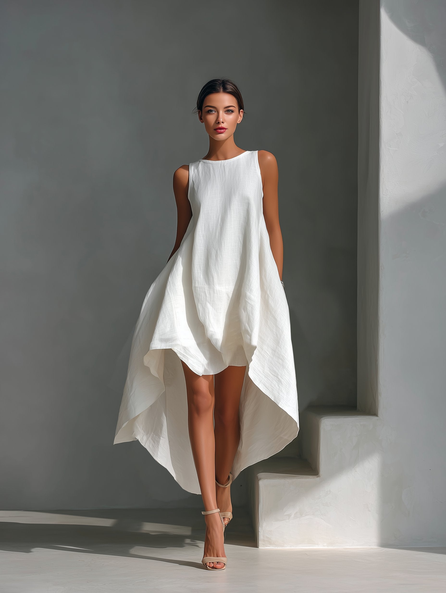 Women's Sleeveless Linen Midi Dress with Pointed Hem Panels for Summer Occasions | Koossa