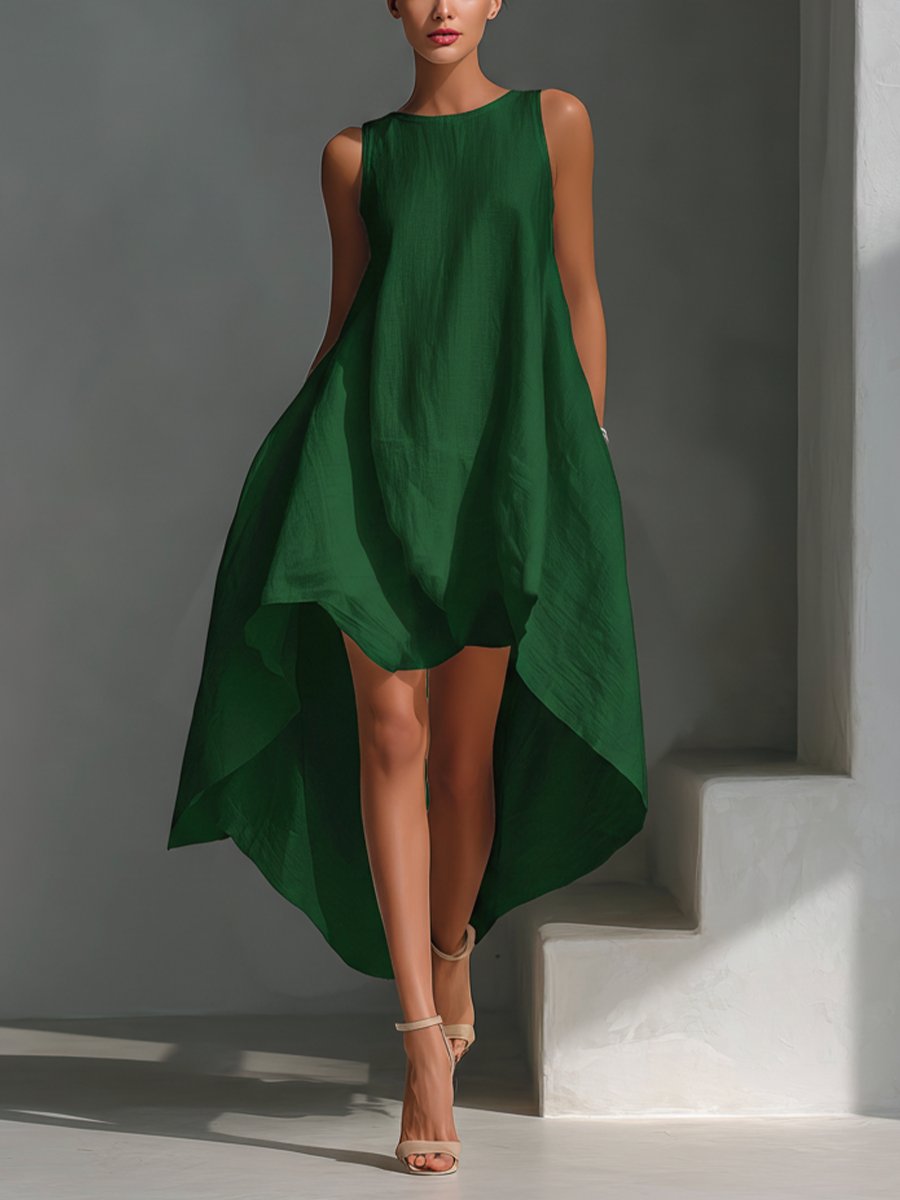Women's Sleeveless Linen Midi Dress with Pointed Hem Panels for Summer Occasions | Koossa