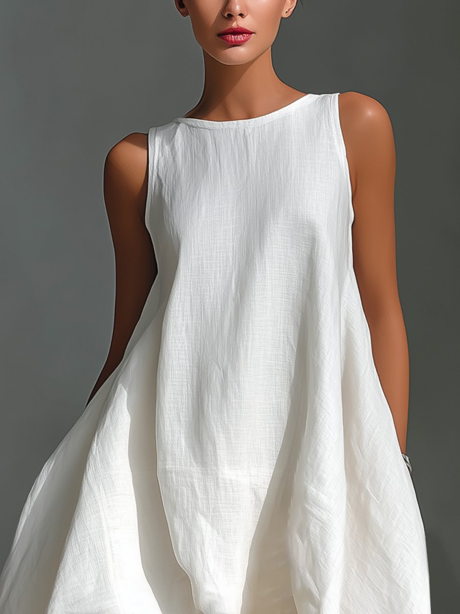 Women's Sleeveless Linen Midi Dress with Pointed Hem Panels for Summer Occasions | Koossa