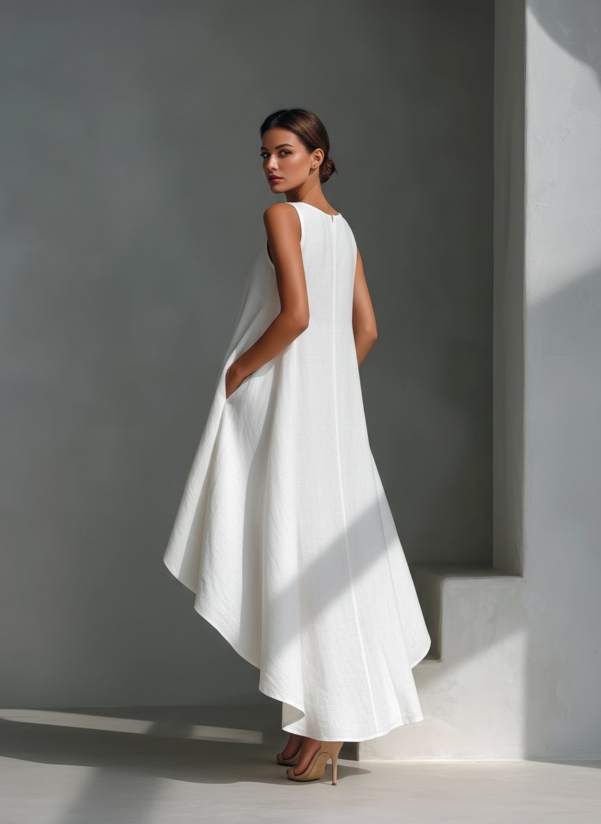 Women's Sleeveless Linen Midi Dress with Pointed Hem Panels for Summer Occasions | Koossa