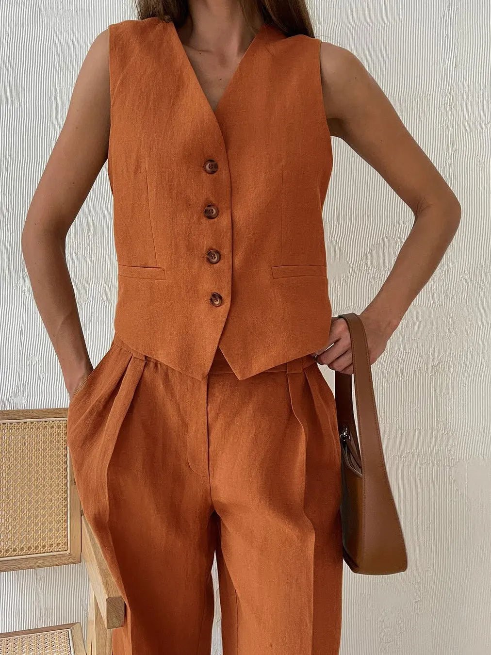 Women's Sleeveless Linen Waistcoat and Wide-Leg Trouser Two-Piece Set in Orange, Beige and Black for Spring Summer Wedding Guest Attire and Smart-Casual Occasions | Koossa