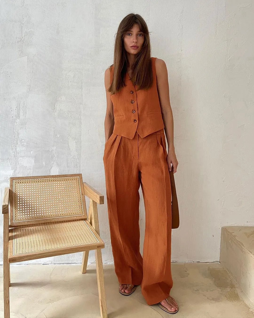 Women's Sleeveless Linen Waistcoat and Wide-Leg Trouser Two-Piece Set in Orange, Beige and Black for Spring Summer Wedding Guest Attire and Smart-Casual Occasions | Koossa