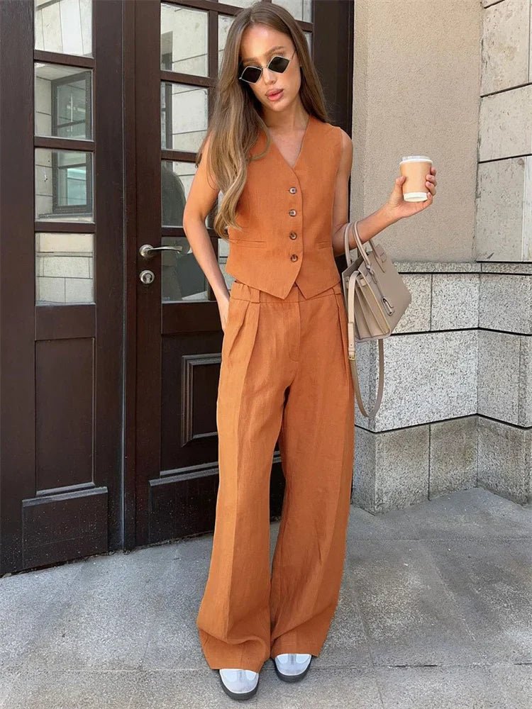 Women's Sleeveless Linen Waistcoat and Wide-Leg Trouser Two-Piece Set in Orange, Beige and Black for Spring Summer Wedding Guest Attire and Smart-Casual Occasions | Koossa