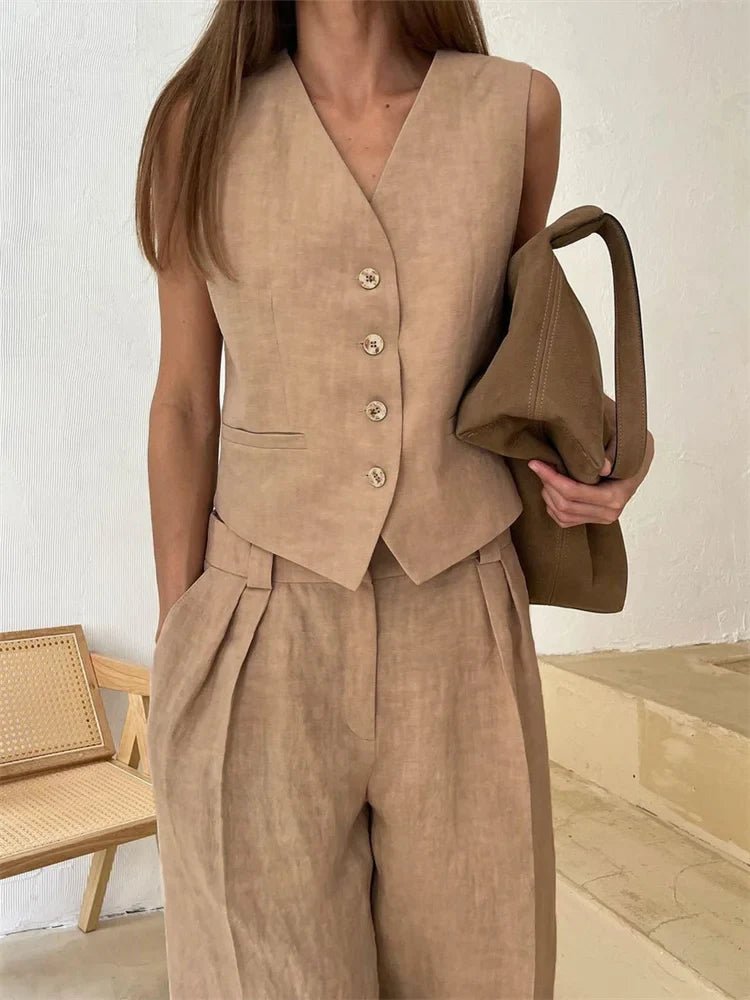 Women's Sleeveless Linen Waistcoat and Wide-Leg Trouser Two-Piece Set in Orange, Beige and Black for Spring Summer Wedding Guest Attire and Smart-Casual Occasions | Koossa
