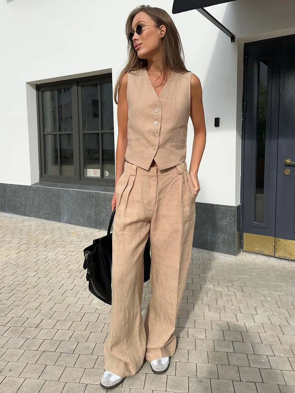 Women's Sleeveless Linen Waistcoat and Wide-Leg Trouser Two-Piece Set in Orange, Beige and Black for Spring Summer Wedding Guest Attire and Smart-Casual Occasions | Koossa