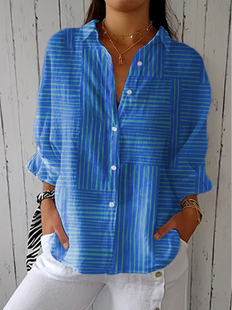Women's Geometric Striped Blouse in Navy Blue with Button-Front Closure and Relaxed Fit for Effortless Everyday Style | Koossa