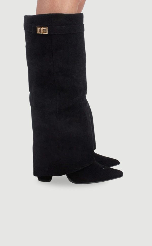 Women's Knee-High Suede Boots with Gold-Tone Hardware in Black, Beige & Brown | Koossa