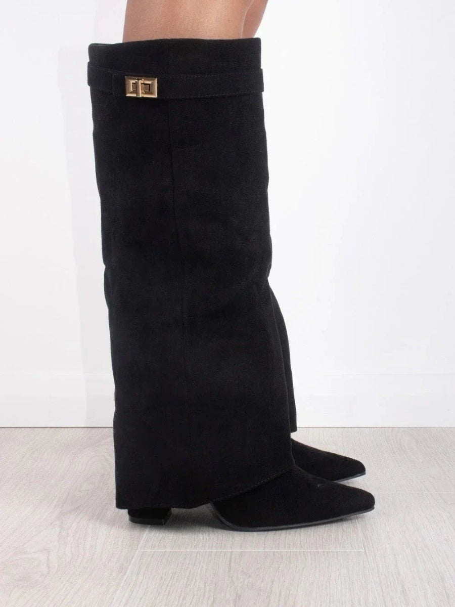 Women's Knee-High Suede Boots with Gold-Tone Hardware in Black, Beige & Brown | Koossa