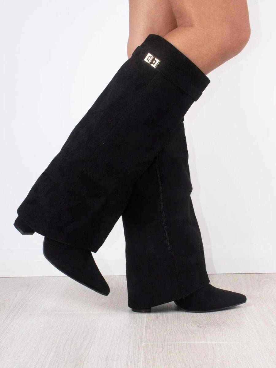 Women's Knee-High Suede Boots with Gold-Tone Hardware in Black, Beige & Brown | Koossa