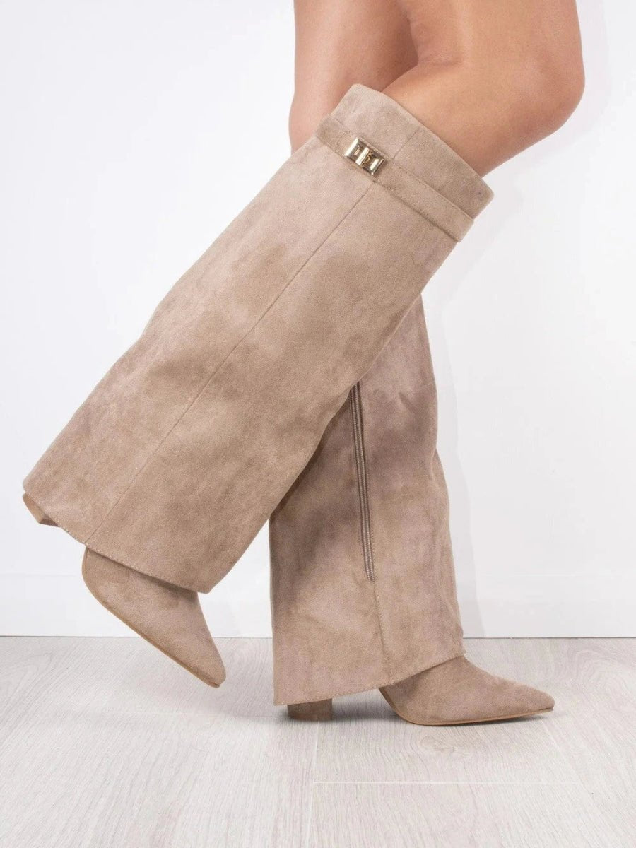Women's Knee-High Suede Boots with Gold-Tone Hardware in Black, Beige & Brown | Koossa