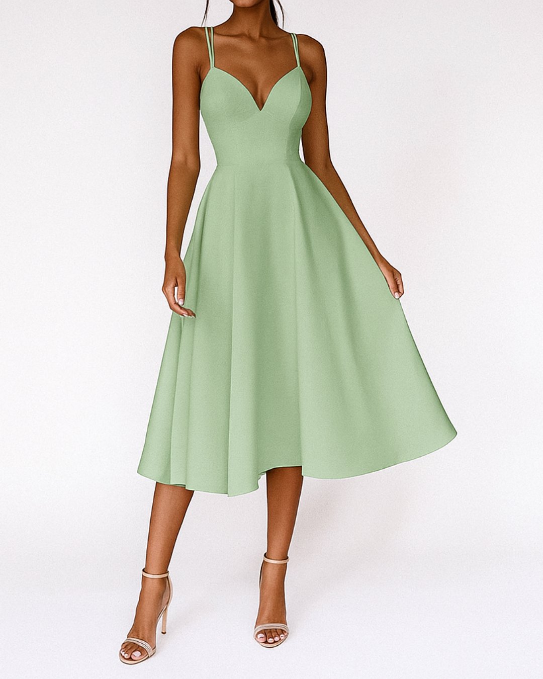 Women's Sweetheart Neckline Midi Dress with Delicate Straps – Elegant A-Line Silhouette for Special Occasions, Garden Parties, Wedding Guest Attire | Koossa