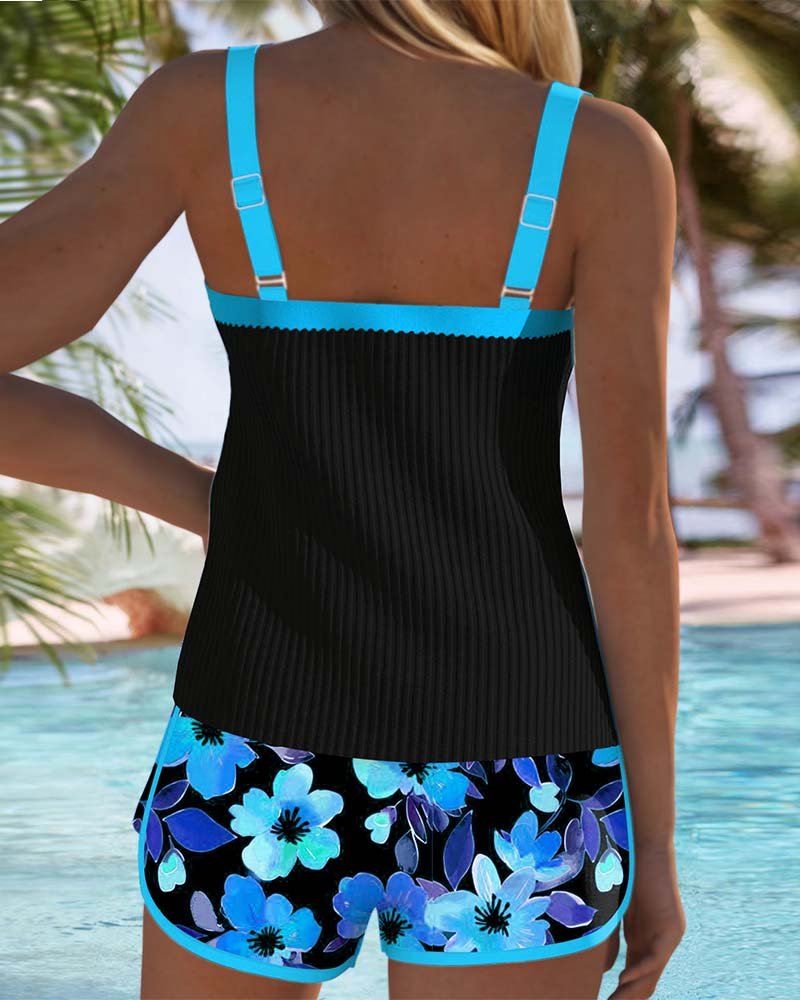 Ribbed Tankini with Floral Swim Shorts – Tummy Control Two-Piece Swimwear Set with Contrast Trim for Holiday and Poolside – Comfortable Flattering Supportive Design | Koossa