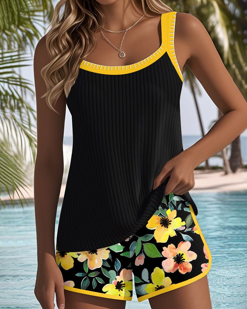 Ribbed Tankini with Floral Swim Shorts – Tummy Control Two-Piece Swimwear Set with Contrast Trim for Holiday and Poolside – Comfortable Flattering Supportive Design | Koossa