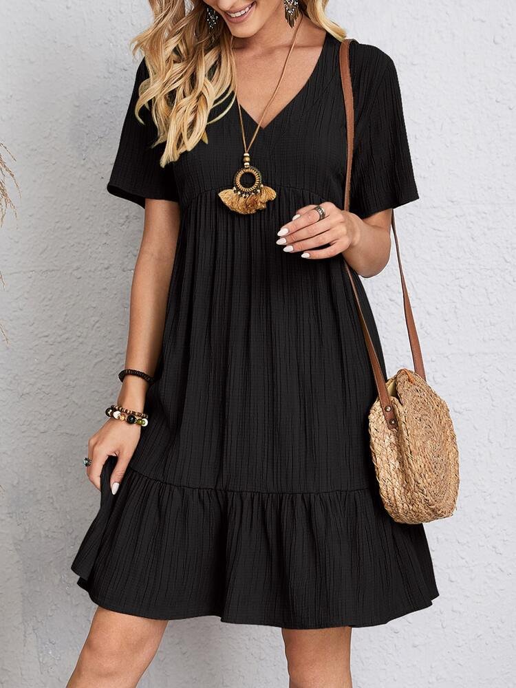 Tiered Empire-Waist Midi Dress in Flowing Cotton Blend – V-Neckline, Ruffled Hem, Relaxed Fit for Garden Parties, Holidays, Casual Elegance | Koossa