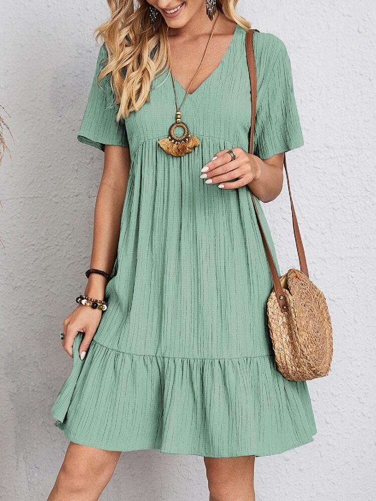 Tiered Empire-Waist Midi Dress in Flowing Cotton Blend – V-Neckline, Ruffled Hem, Relaxed Fit for Garden Parties, Holidays, Casual Elegance | Koossa