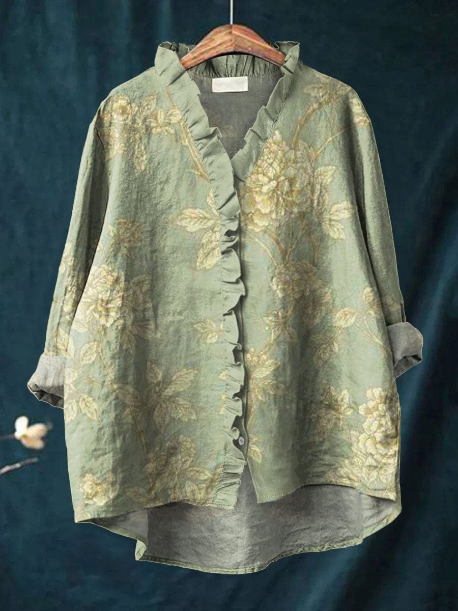 Women's Floral Cotton-Linen Blouse with Gathered Neckline and Long Sleeves – Relaxed Fit, High-Low Hem, Vintage-Style Printed Shirt for Spring Summer Occasions | Koossa