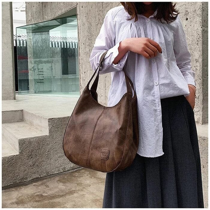 Vintage Leather Slouch Shoulder Bag with Drawstring Detail – Spacious Everyday Handbag for Women | Koossa