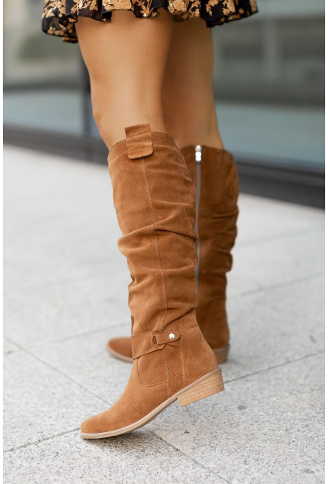 Women's Knee-High Boots with Ruched Shaft and Low Block Heel in Soft Suede-Effect Fabric | Classic Tall Boots with Side Zip and Comfortable Walking Heel for Autumn and Winter | Koossa