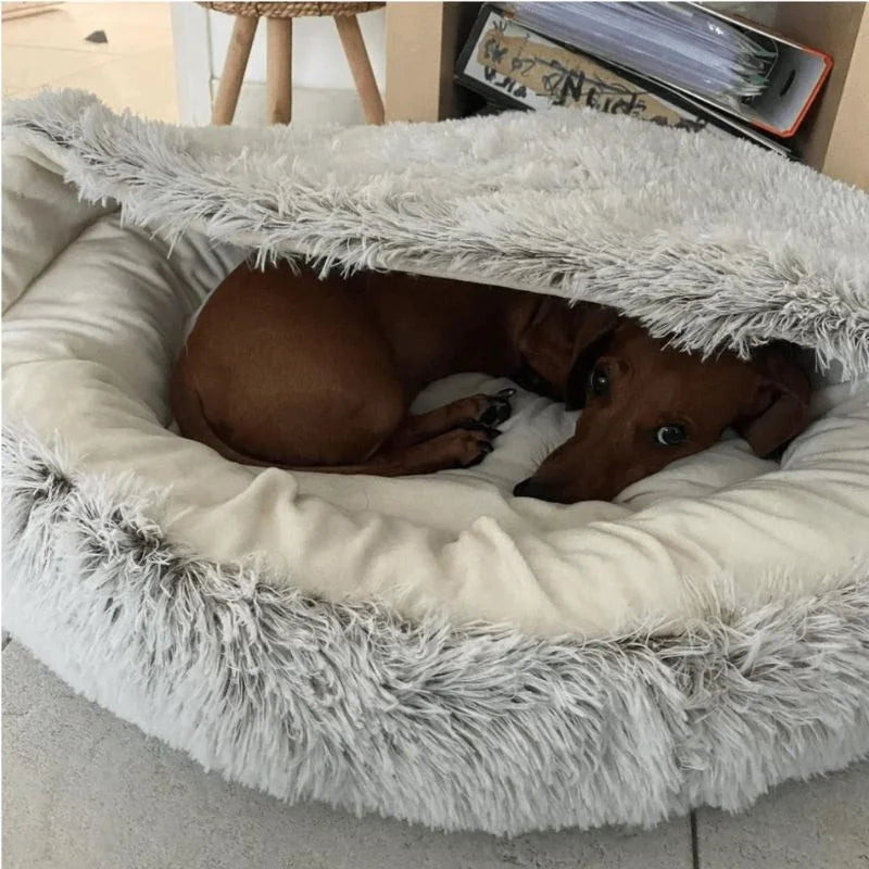 Dachshund Cave Bed Crystal Velvet Plush Half-Cover 40cm 50cm 65cm Anxiety Calming Burrow Dog Bed Non-Slip Washable | Koossa