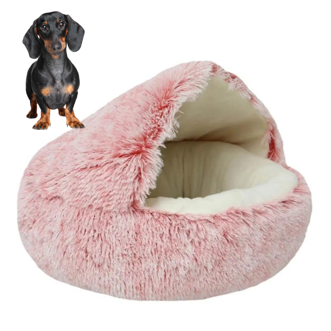 Dachshund Cave Bed Crystal Velvet Plush Half-Cover 40cm 50cm 65cm Anxiety Calming Burrow Dog Bed Non-Slip Washable | Koossa