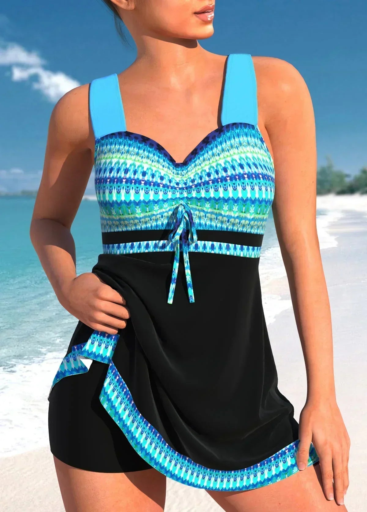 Women's Swimsuit Dress in Black Blue Grey – Elegant Skirted Swimwear for Poolside and Beach | Koossa