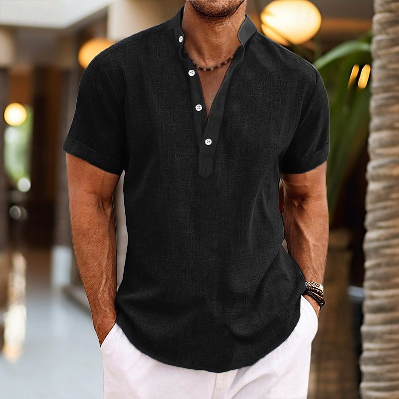 Men's Short Sleeve Band Collar Shirt in Lightweight Cotton Blend for Summer Occasions and Casual Weekend Wear | Koossa