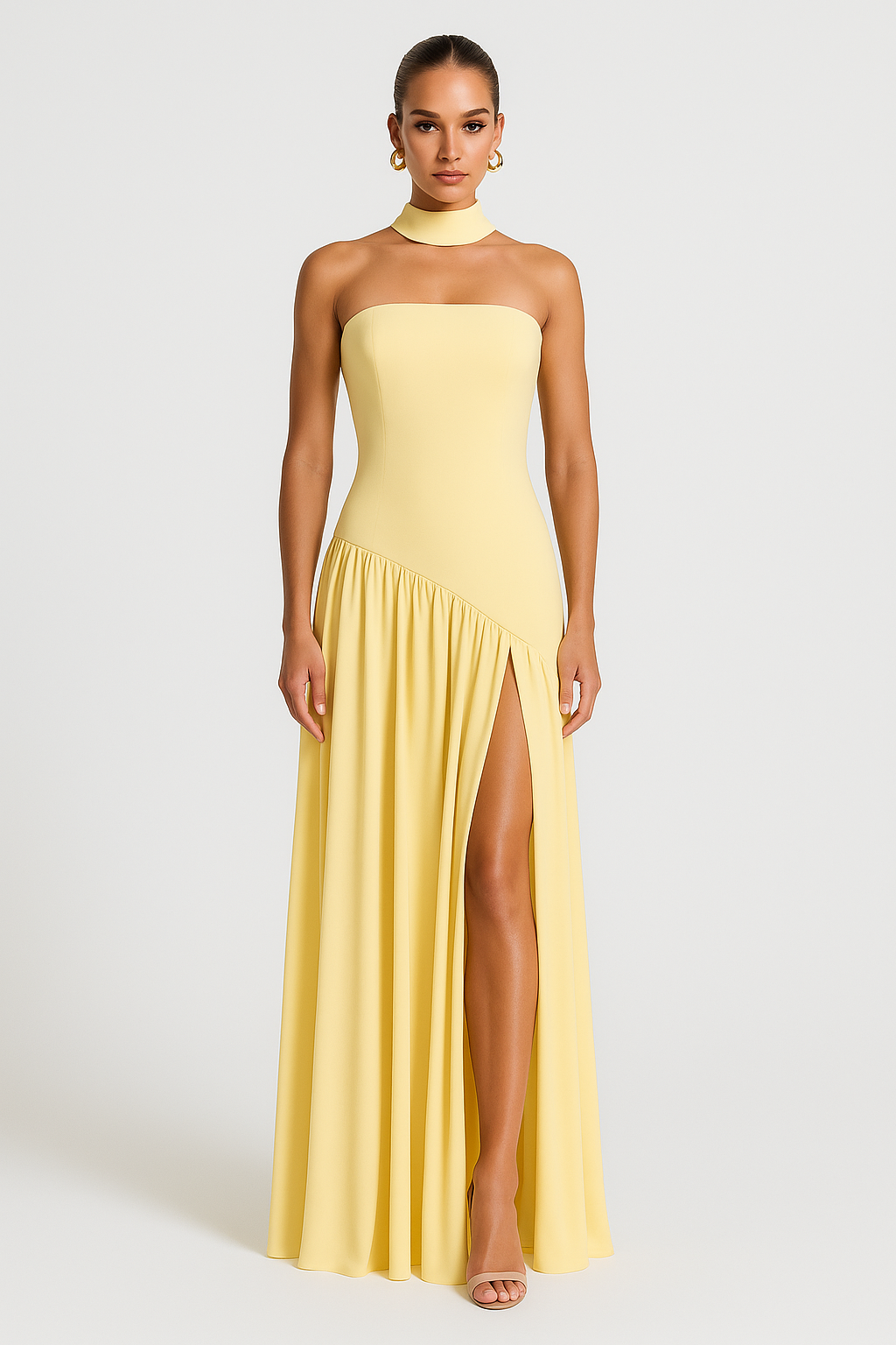 Strapless Evening Gown with Scarf Detail in Yellow and Brown | Koossa