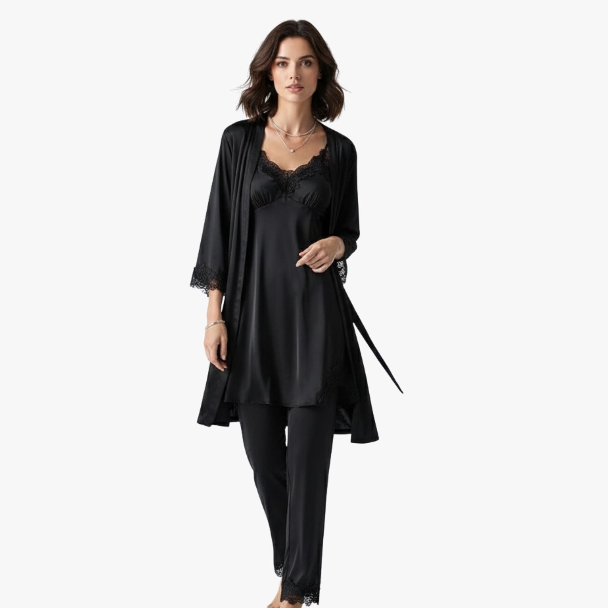 Women's Satin-Finish Pyjama Set — Elegant Two-Piece Sleepwear with Lace Trim for Comfortable Nights | Koossa