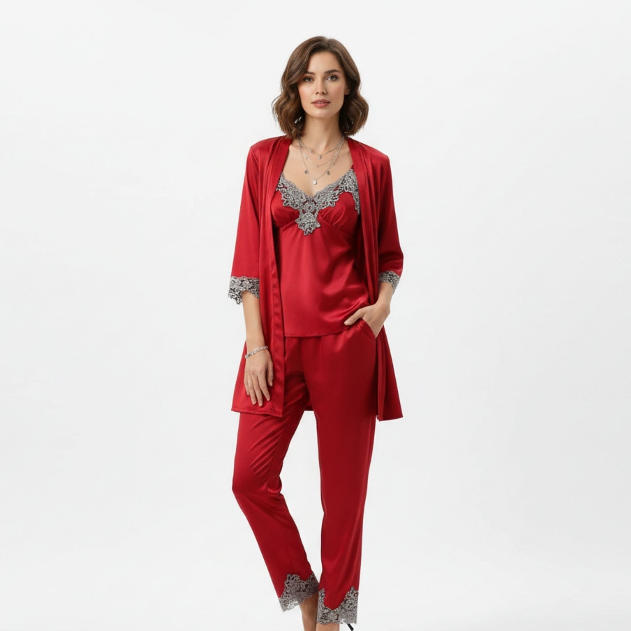Women's Satin-Finish Pyjama Set — Elegant Two-Piece Sleepwear with Lace Trim for Comfortable Nights | Koossa