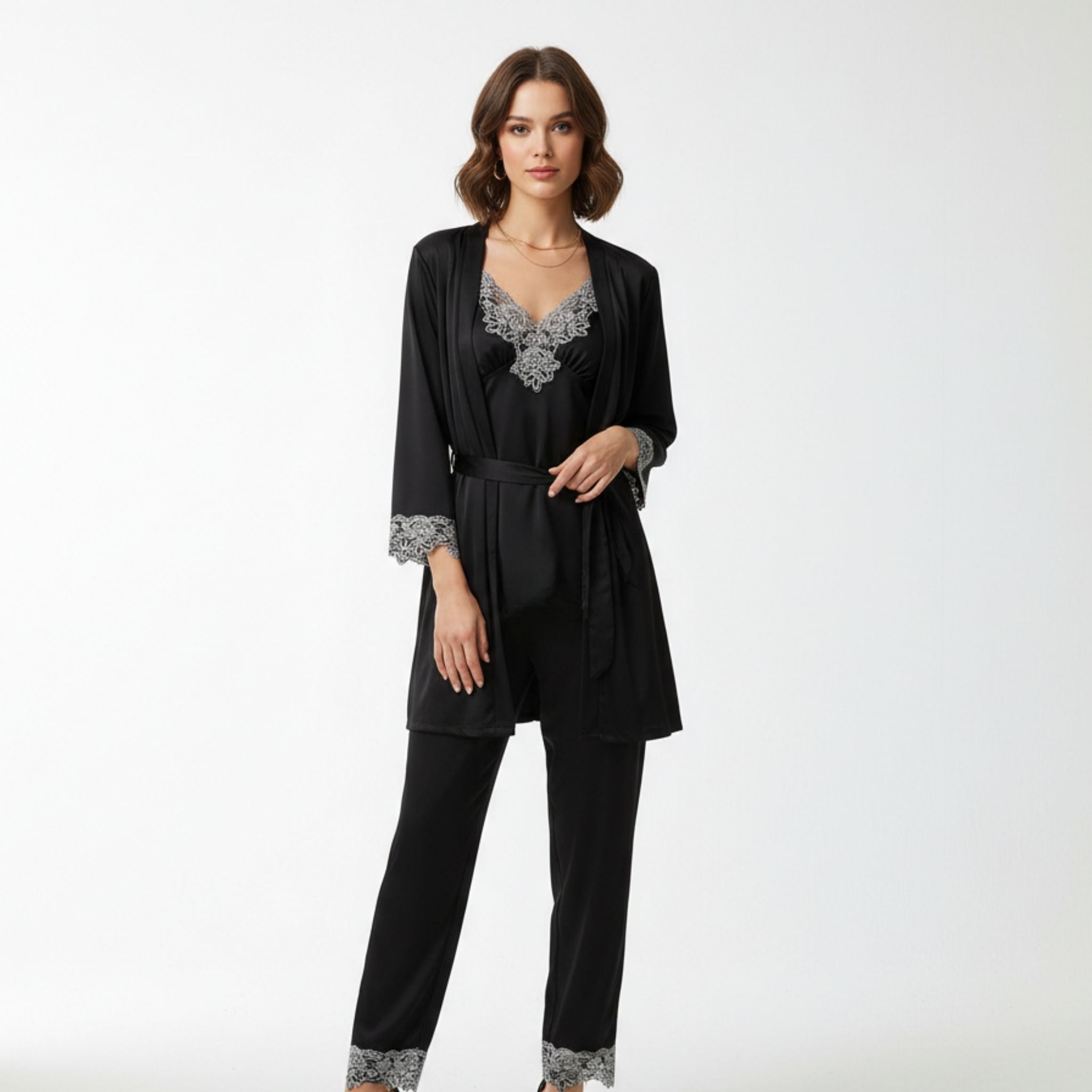 Women's Satin-Finish Pyjama Set — Elegant Two-Piece Sleepwear with Lace Trim for Comfortable Nights | Koossa