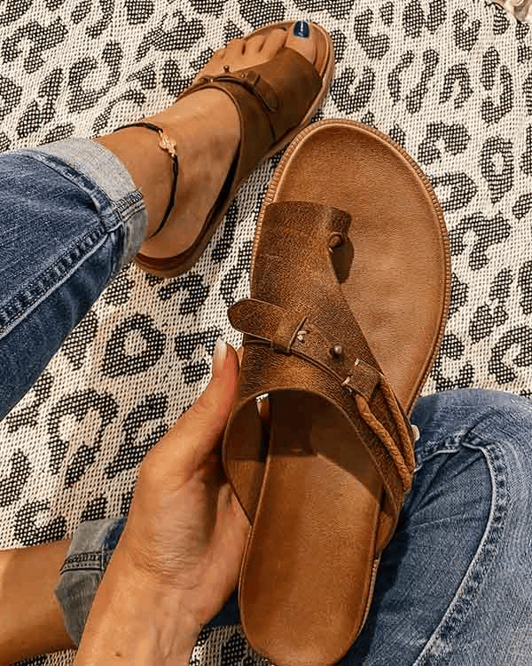 Women's Flat Leather Sandals in Brown, Black & Grey for Summer | Koossa