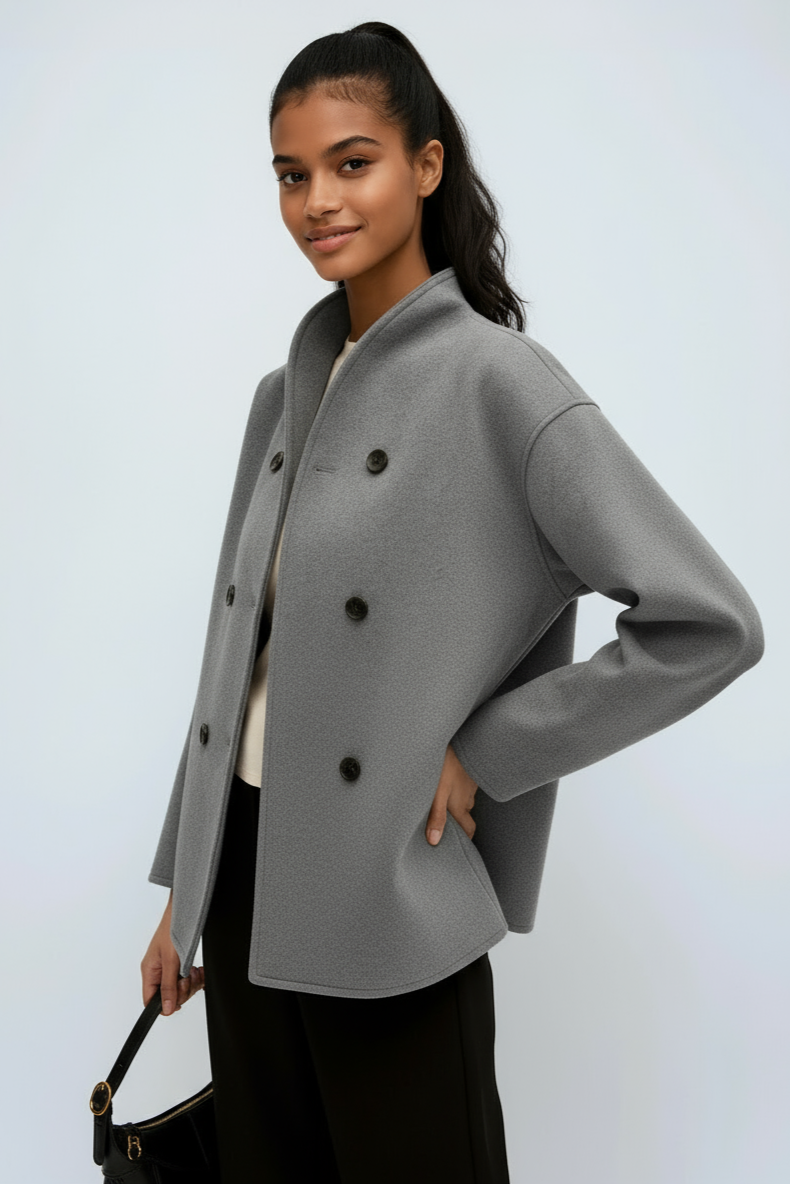 Boxy Double-Breasted Wool Jacket in Grey & Khaki – Short Length Tailored Coat for Smart Casual Layering | Koossa