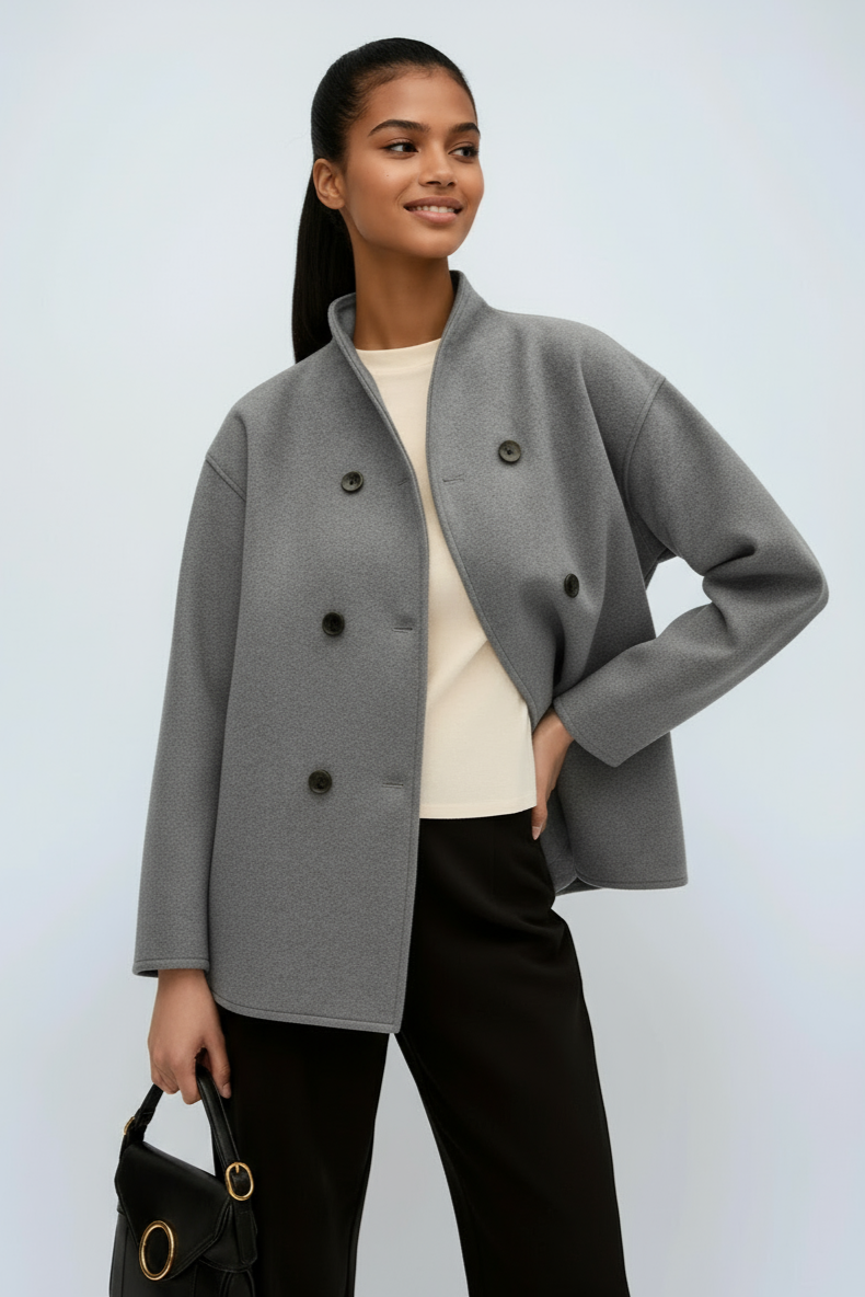 Boxy Double-Breasted Wool Jacket in Grey & Khaki – Short Length Tailored Coat for Smart Casual Layering | Koossa