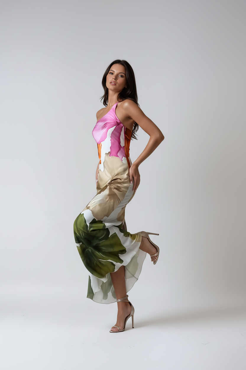 Halter Neck Evening Dress in Abstract Print for Formal Occasions | Koossa